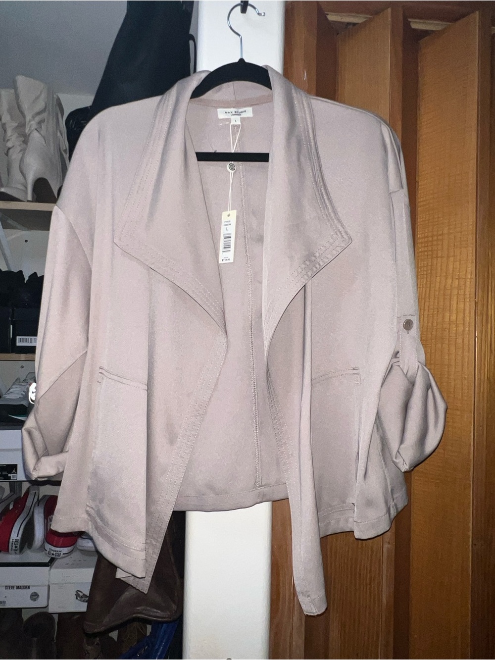 Max Studio Light Taupe Open-Front Draped Jacket